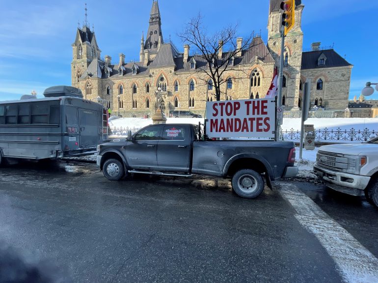 A truck that is part of a trucker convoy to protest the coronavirus disease