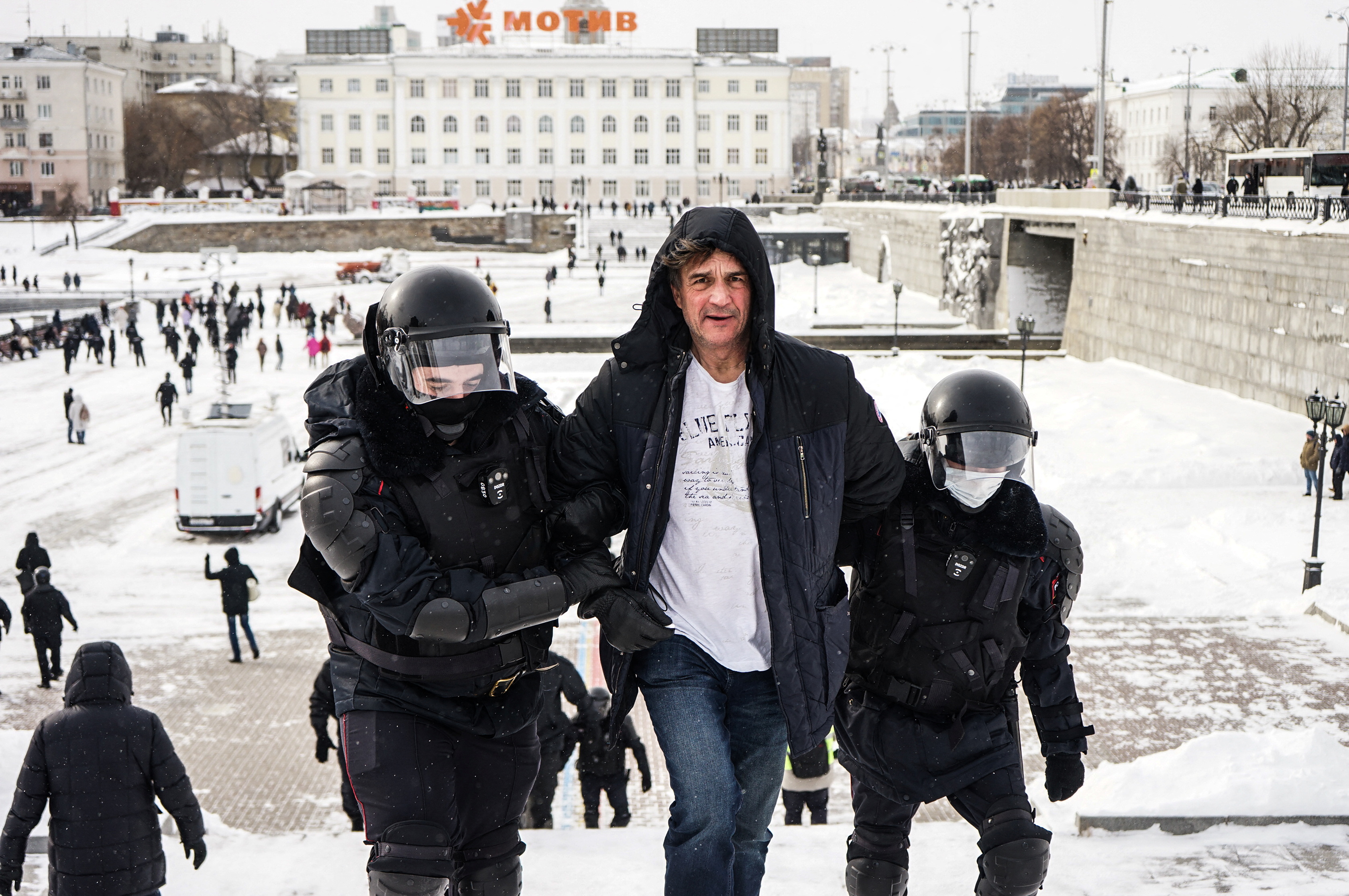 A person is arrested during an anti-war protest, following Russia's invasion of Ukraine, in Yekaterinburg
