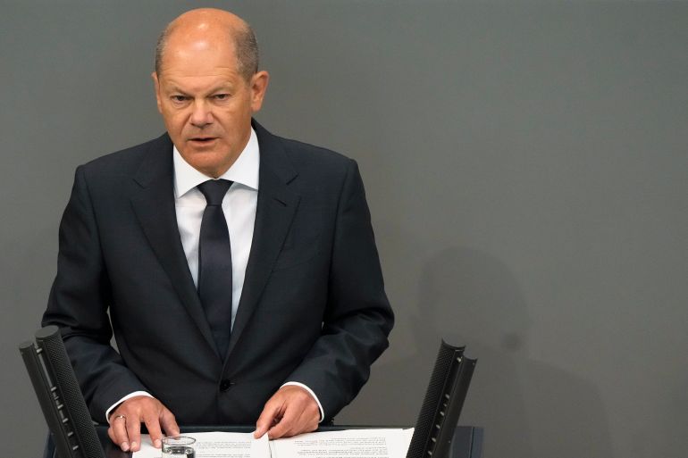 German Chancellor Olaf Scholz delivers a speech