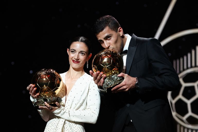 Spanish midfielder Aitana Bonmati of Barcelona retained her Ballon d'Or award, while Manchester City's Rodri won his first at the 2024 Ballon d'Or France Football award ceremony