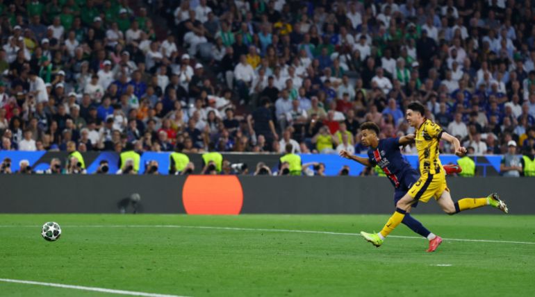 Champions League - Final - Paris St Germain v Inter Milan - Allianz Arena, Munich, Germany - May 31, 2025 Paris St Germain's Desire Doue scores their third goal