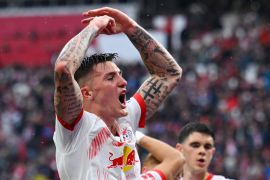 RB Leipzig's Benjamin Sesko celebrates