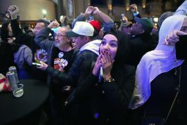 Supporters of New York City mayoral candidate Zohran Mamdani celebrate during an election night event at the Brooklyn Paramount Theater in Brooklyn, New York on November 4, 2025 [Angelina Katsanis / AFP]