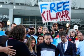Foreground from right, Attorney Simon Sandoval-Moshenberg, Kilmar Abrego Garcia and Garcia&#039;s wife Jennifer Vasquez Sura attend a protest rally at the Immigration and Customs Enforcement field office in Baltimore, Monday, Aug. 25, 2025. [AP Photo/Stephanie Scarbrough, File]